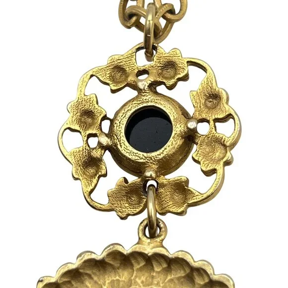 Gold Tone Victorian Revival Necklace Black Glass Medallions Tassel Pendant 36" - Picture 10 of 13